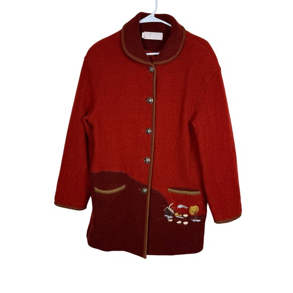 Jackets & Blazers - Wool Jacket Coat‎ Womens Red Brown Embroidered Sheep Countryside Scene Unique
